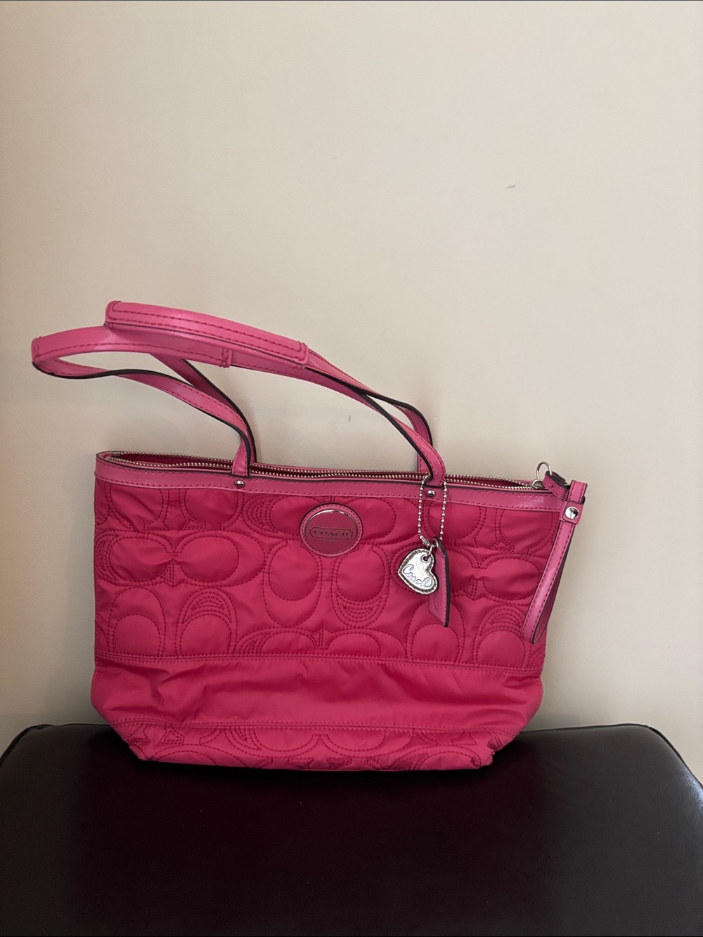 Coach Hot Pink Quilted Signature Tote with Heart Charm